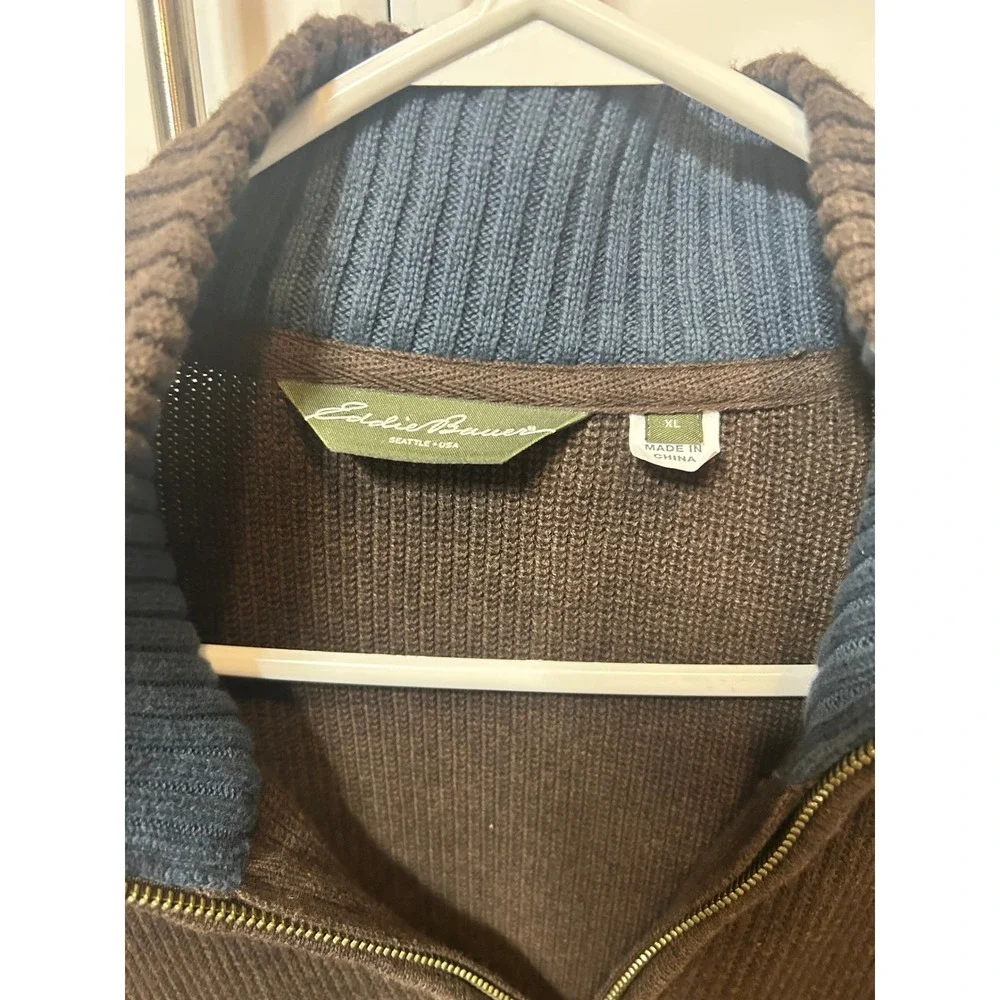 Eddie Bauer Mens XL Brown Striped Quarter Zip Ribbed Knit‎ Pullover Sweater